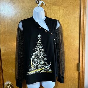 Holiday knit shirt with sheer glitter sleeves. Size S. NWT.